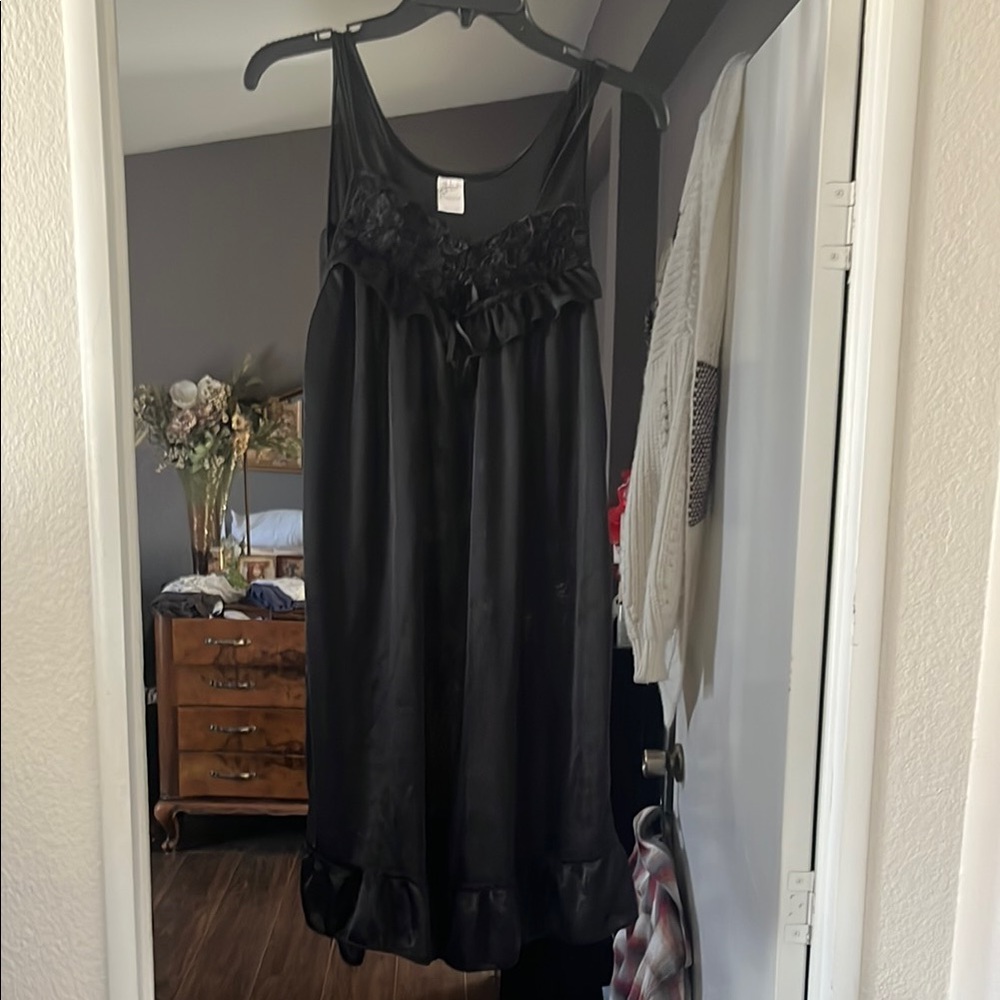 Black night gown with Ruffled Trim and Bow Detail